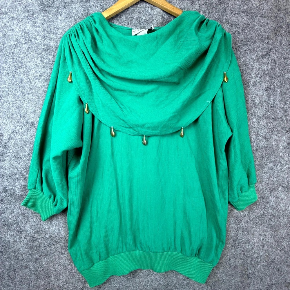 Vintage Peter Popovitch Blouse Womens M/L Green 90s Office Chic Luxe Drape Neck